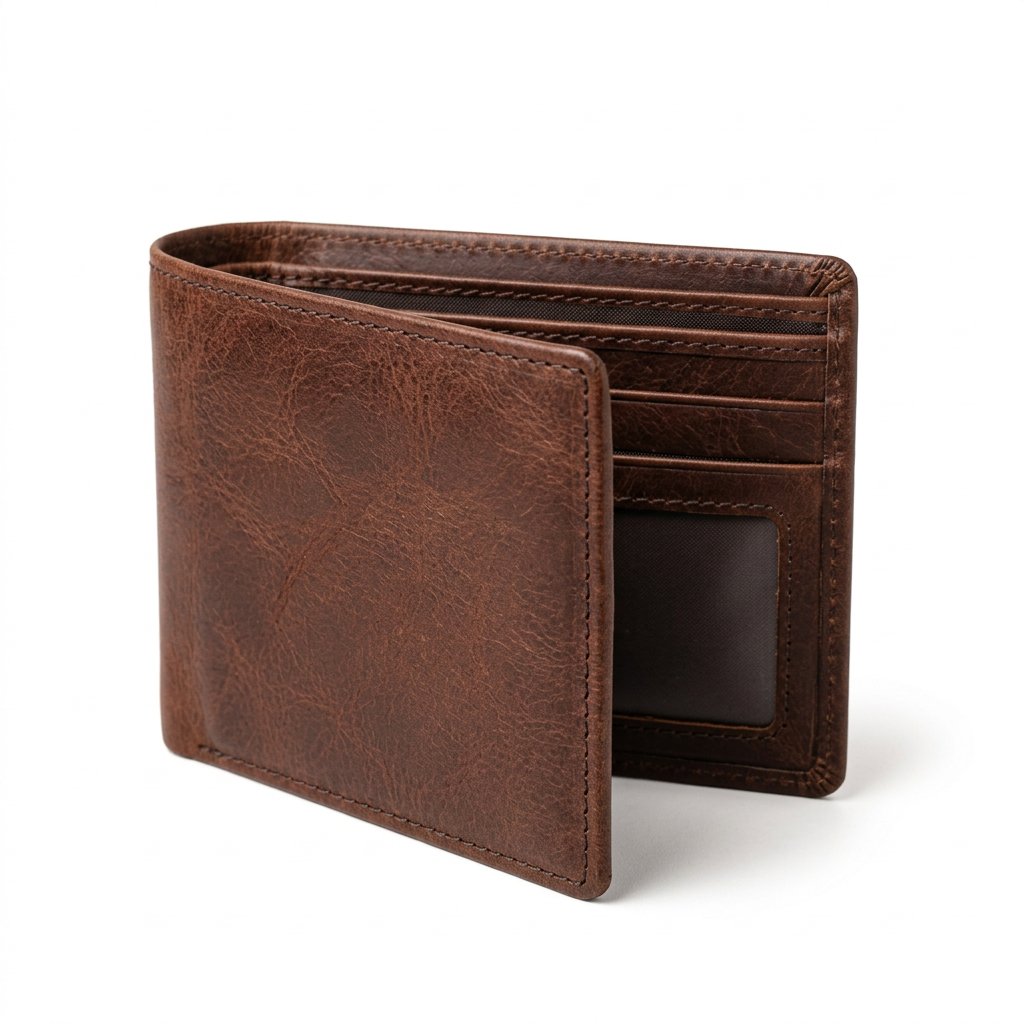 Leather wallet photographed at a three-quarter angle showing material texture