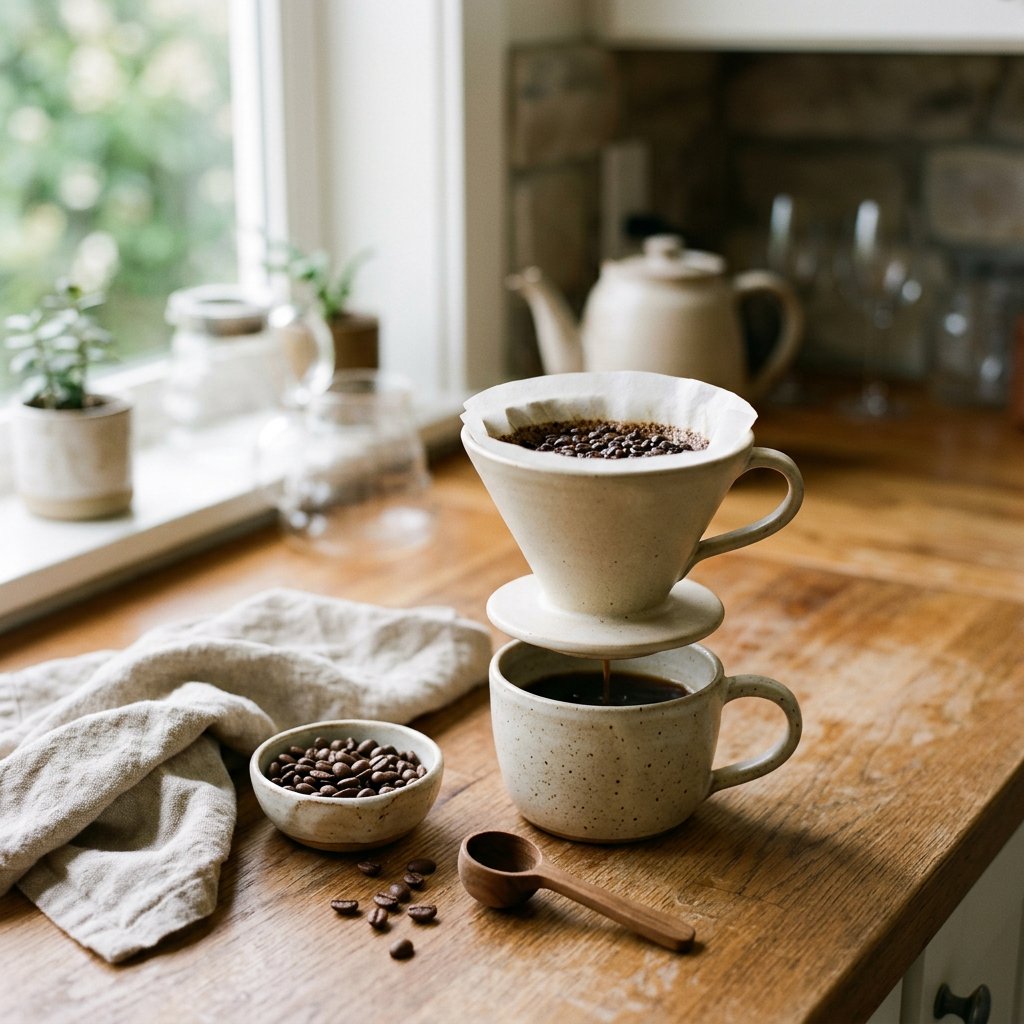 Ceramic pour-over coffee dripper styled in a kitchen for a lifestyle gallery image