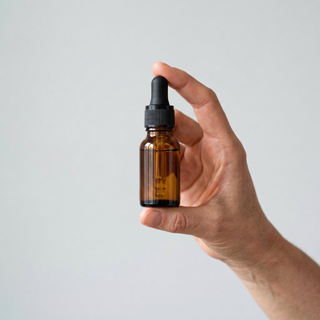 Skincare dropper bottle held in a hand to show true product size