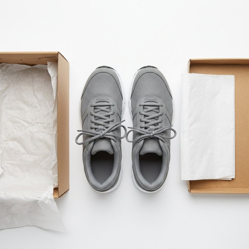 Running shoes photographed flat lay with retail packaging and tissue paper
